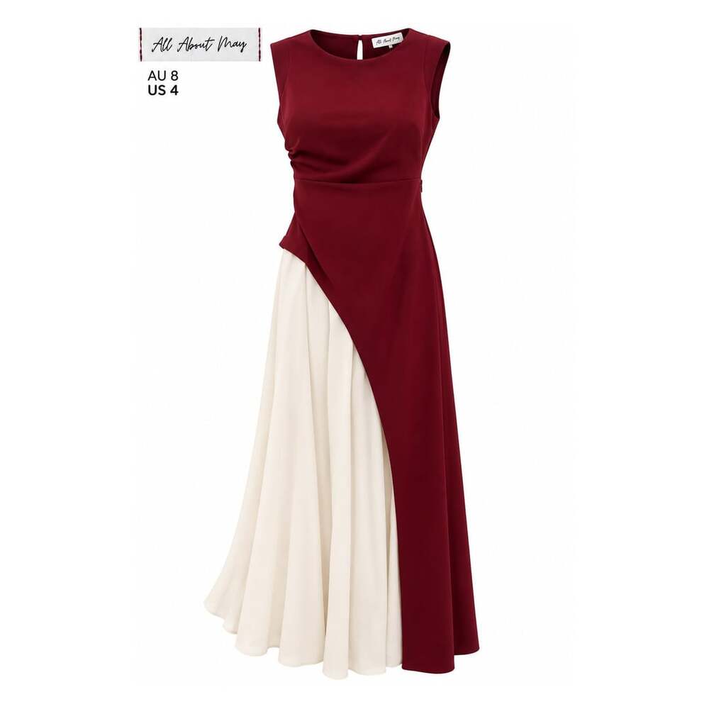 All About May Maxi Dress Size US 4 Wine Red Cream Contrast Asymmetric